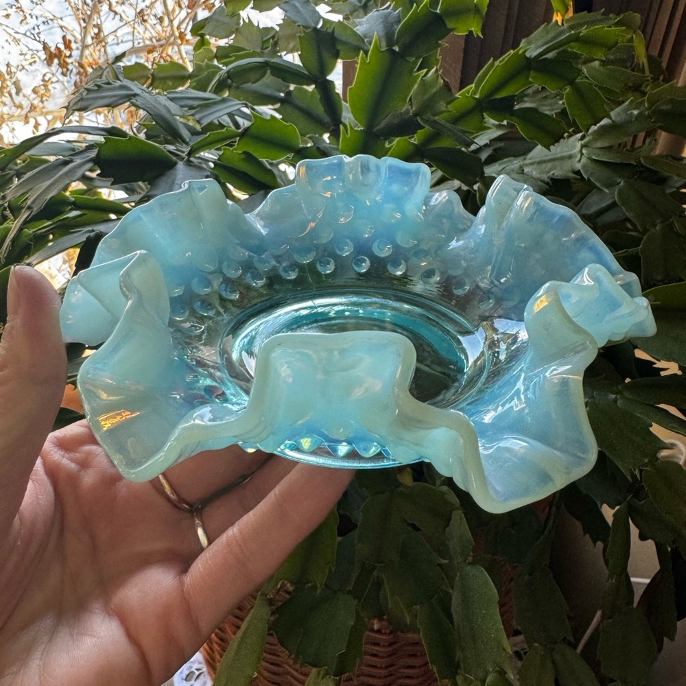 Fenton blue opalescent ruffled dish